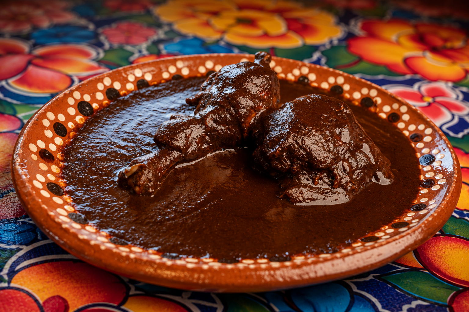 A plate of mole negro with chicken on a hand-painted ceramic plate